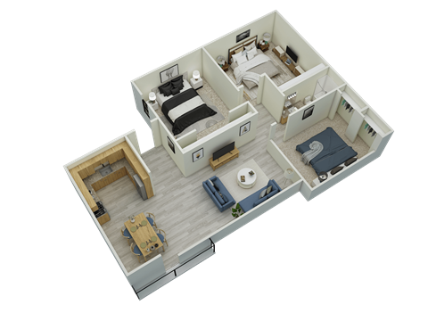 A 3D floor plan of a house with a living room, dining room, kitchen, and two bedrooms.